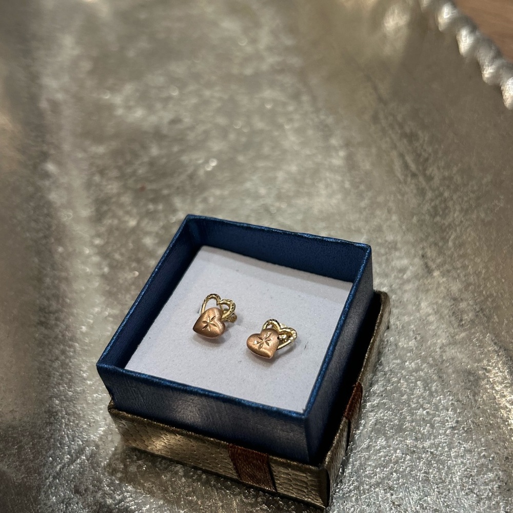 14K Gold Two Tone Heart Stud Earring